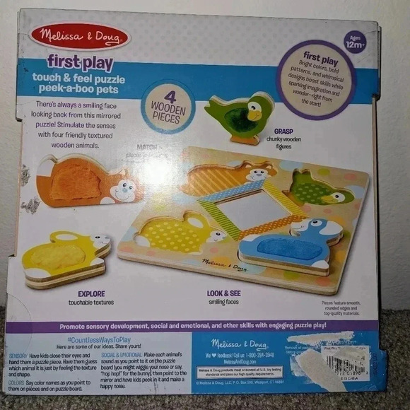 Melissa & Doug First Play Touch & Feel Puzzle‎ Peek-a-Boo Pets 4 Wooden Pieces - Picture 4 of 9